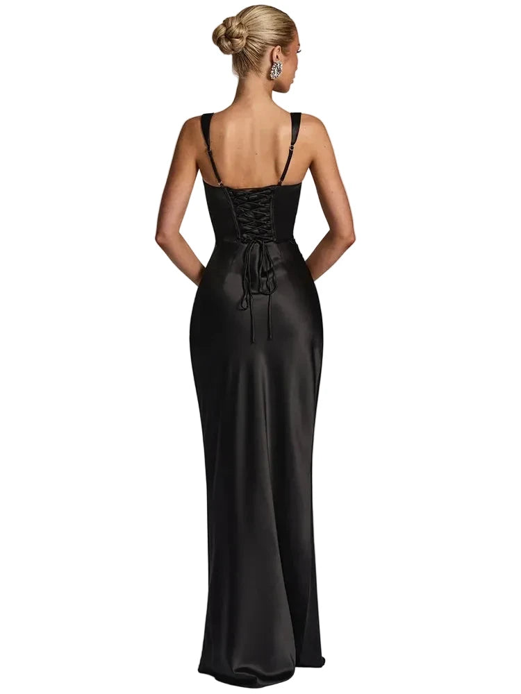 🍒Satin backless sleeveless long dress satin maxi outfits for women spaghetti straps lace-up back bodycon club wear party occasion clothing  Kool kiwi