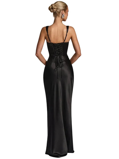 🍒Satin backless sleeveless long dress satin maxi outfits for women spaghetti straps lace-up back bodycon club wear party occasion clothing  Kool kiwi