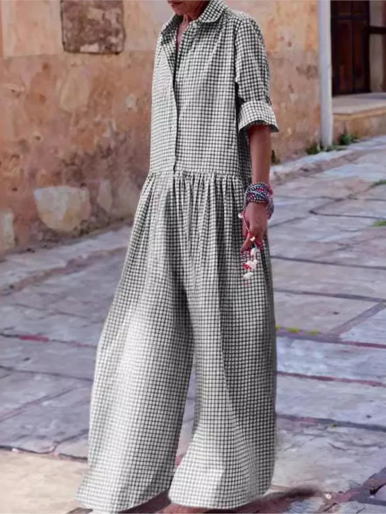 🍒Plaid jumpsuit women's casual fashion long sleeve wide leg playsuit pants loose holiday clothing