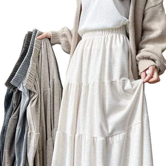 🍒女式平纹针织半身裙 高腰长款宽松柔软A字时尚分层中长裙套装 休闲学院风服装 轻松驾驭针织款