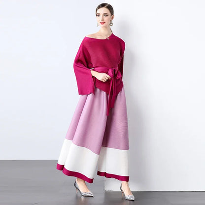 🍒Fashion two-piece sets Loose Irregular hem top pleated patchwork top with belt and  wide-Leg matching pants Your Mouth Will Be Wide Open When You Receive This Cherry  please note some colours are not matched to colour just order as you see what you like