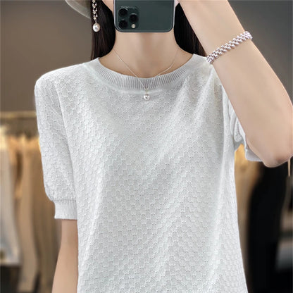 🍒Vroue se tekstuur-T-hemp somer katoen tops kortmou effekleur tee ronde hals los bloes gemaklike kledingstuk