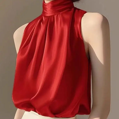🍒无袖高领上衣 无袖女式衬衫 女士夏季服饰 时尚褶皱 百搭套头吊带衫 蓝色衬衫之美
