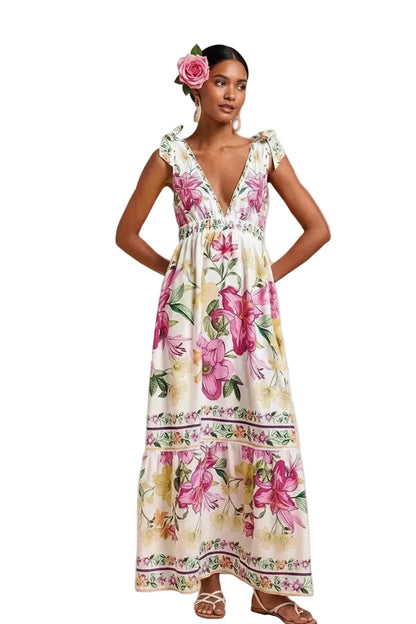 🍒Print moulose uitrusting swaairok v-nek vroue maxi hoë middellyf mode vakansies somerdrag stranddrag Shore Thang