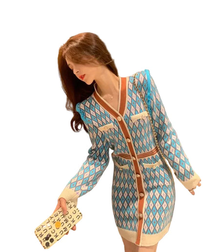 🍒Knitted dress for women v- neck autumn winter fashion french style clothing smart casual female outfit women diamond checkered clothing Playout Plaids