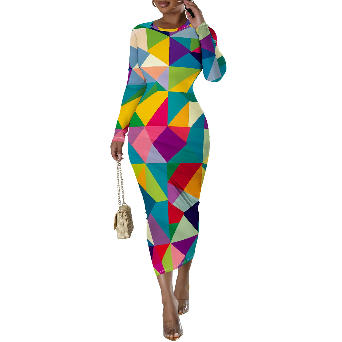 🍒Plus size geometric midi dress full sleeve bodycon women's party vacation outfit bright color clothes date night workwear Drink Wine In A Cut Glass