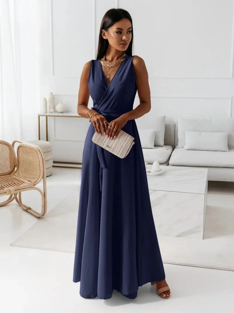 🍒Elegant party dresses for women v-neck sleeveless belt evening wear solid colour occasion wear outfit party wear maxi fashion Feminine Female Fashion Flair