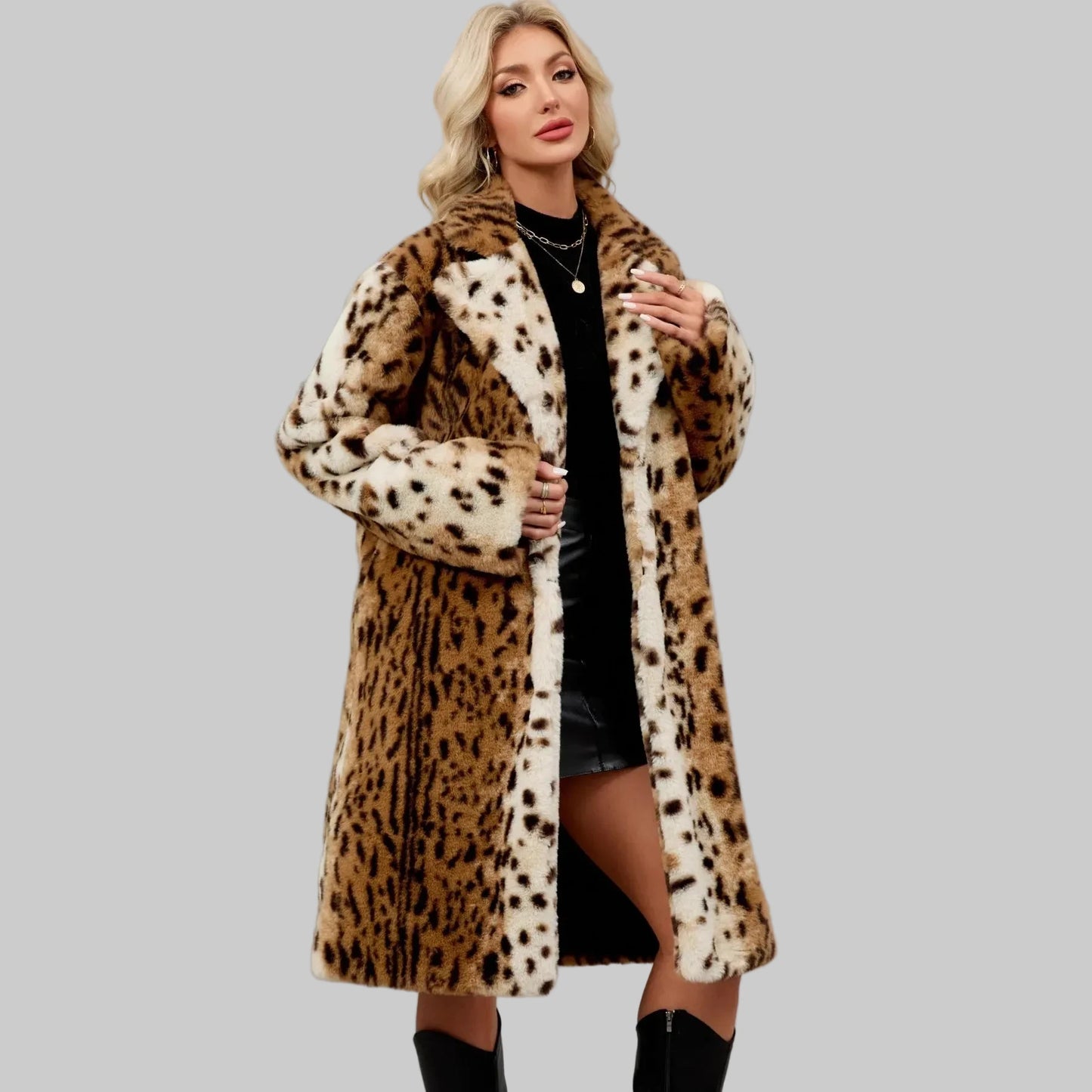 🍒Faux fur coat leopard long Jacket with lapel animal print outerwear fashion long sleeve overcoat women single breasted straight fit smart casual autumn winter wear Animate Your Style