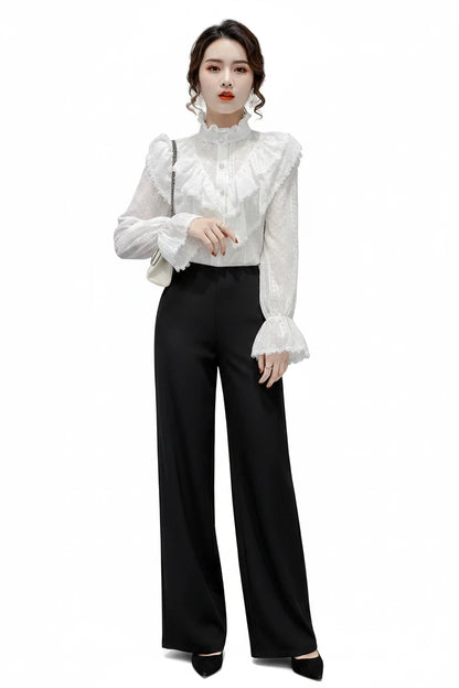 🍒Long sleeve ruffle blouse loose spring fashion button white shirt elegant stand collar top women lace chiffon casual shirt occasion wear Look All 'white In White