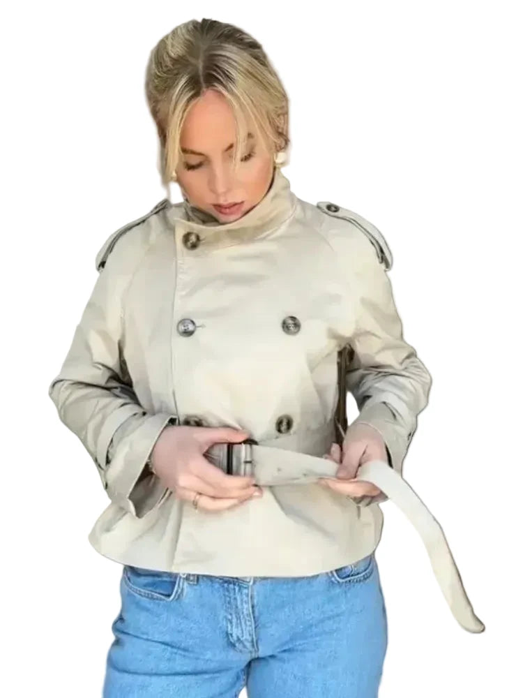 🍒Flared sleeve jacket belt coat for women elegant stand collar double breasted coat long sleeved outerwear female autumn winter fashion commuter keep abreast of belted double breast