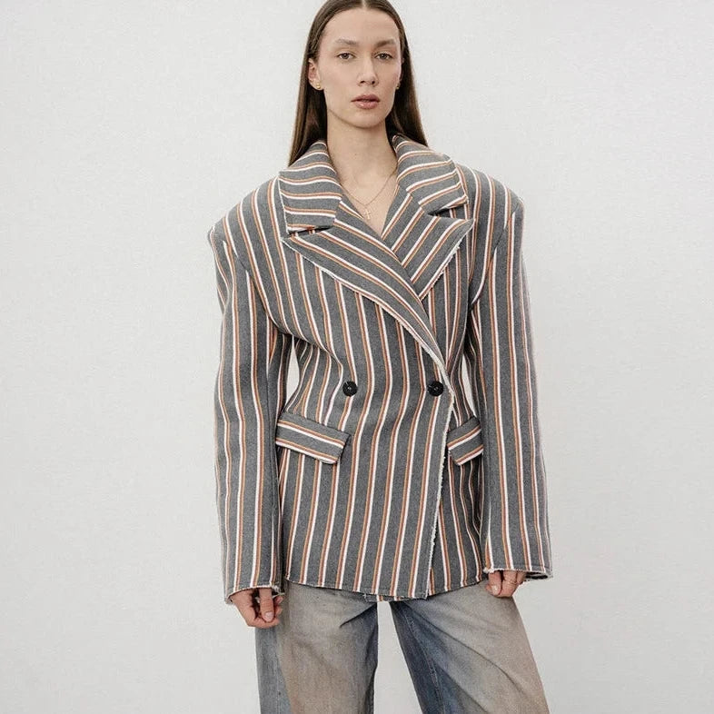 🍒Gestreepte baadjie, volmou-baadjie vir dames met gekerfde lapelkraag, dubbelbors lentejas, mode drag, kantoorklere   Look Sjokolade In Oranje