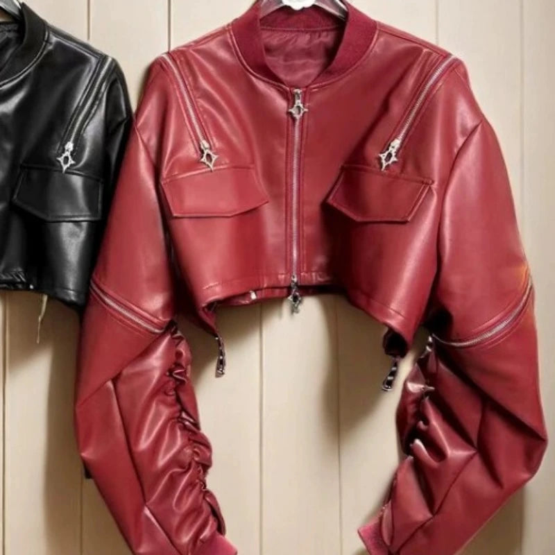 🍒pu cold shoulder leerbaadjie Y2K estetiese straatklere buiteklere los modes vroue soliede mode vroulike kort jas Bly snoesig in 'n koue skouerjas