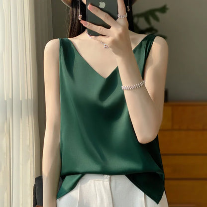 🍒Women's silky tank top camisole for summer beautiful satin loose v-neck vest sleeveless tops