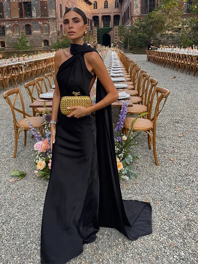 🍒Satin halter neck dress with scarf collar maxi dresses for women sleeveless backless long dress holiday wear evening party outfits Get Ready For A Trail Of Compliments