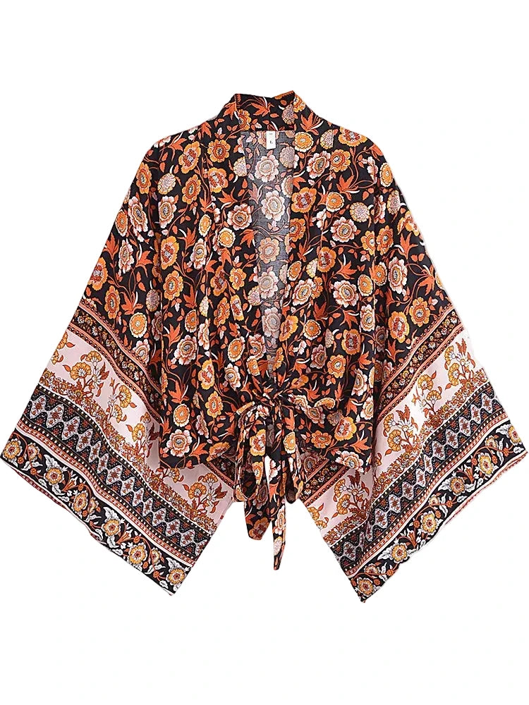 🍒Boho kimono vintage womens fashion short beach swimsuit robe floral clothing batwing sleeve top rayon bohemian bikini cover Ups Beachwear summer clothes Cool Cover