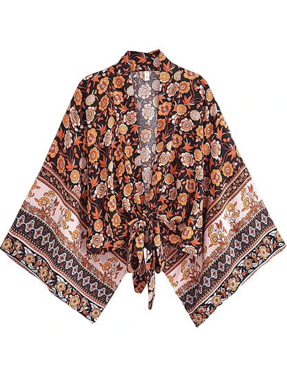 🍒Boho kimono vintage womens fashion short beach swimsuit robe floral clothing batwing sleeve top rayon bohemian bikini cover Ups Beachwear summer clothes Cool Cover