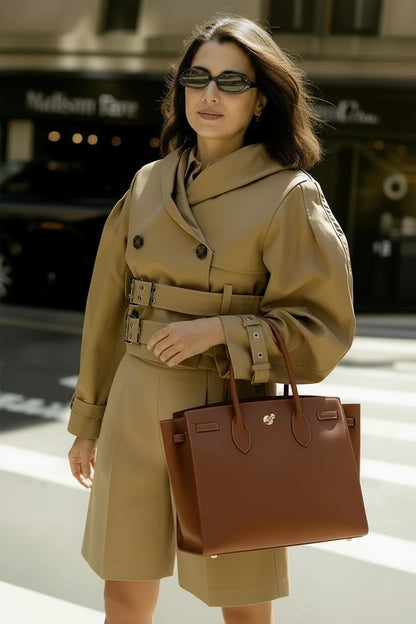 🍒Hooded trench coat women casual puff sleeve outerwear. double breasted belted cropped Jacket khaki fashion clothing                               2.long trench version  Travel Along Cool Double Belt