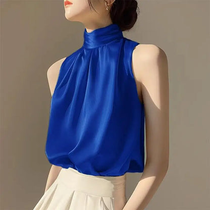 🍒无袖高领上衣 无袖女式衬衫 女士夏季服饰 时尚褶皱 百搭套头吊带衫 蓝色衬衫之美