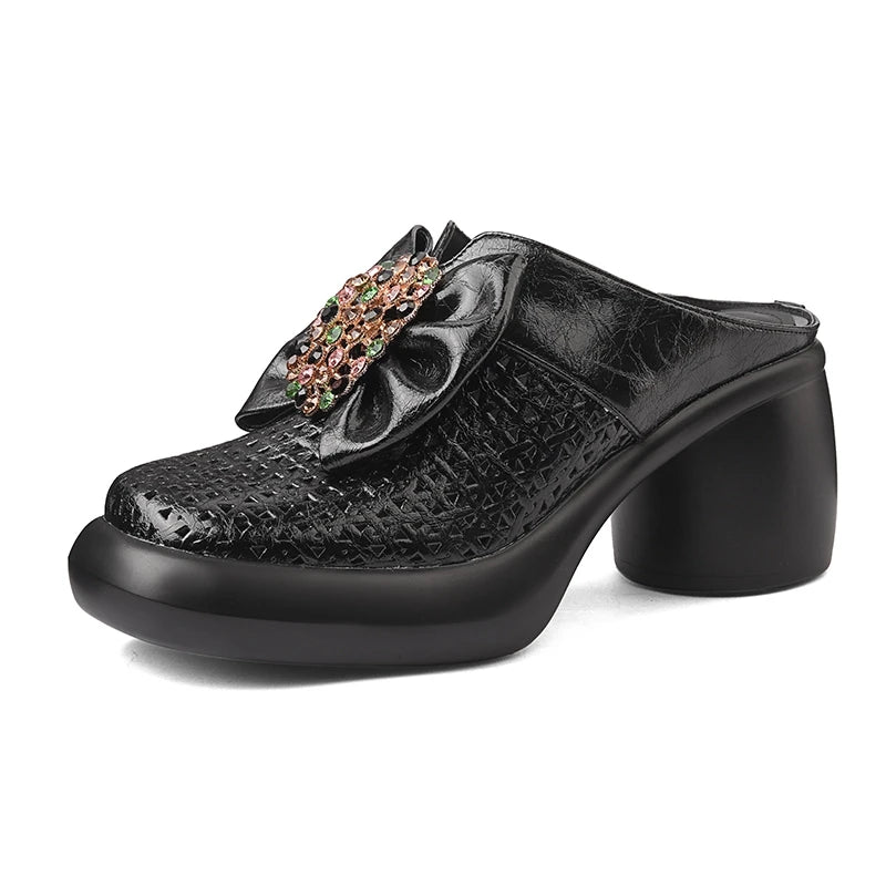 🍒Genuine leather mules for women cowhide rhinestone chunky heel shoes with thick sole, occasion slippers fashion party footwear with bow Climb Into Clogs