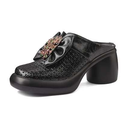 🍒Genuine leather mules for women cowhide rhinestone chunky heel shoes with thick sole, occasion slippers fashion party footwear with bow Climb Into Clogs