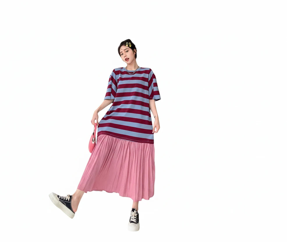🍒Summer women midi dresses plus size false two-piece cotton stripe mixed media outfit casual wear holiday fashion wear stripee Plain And Simple