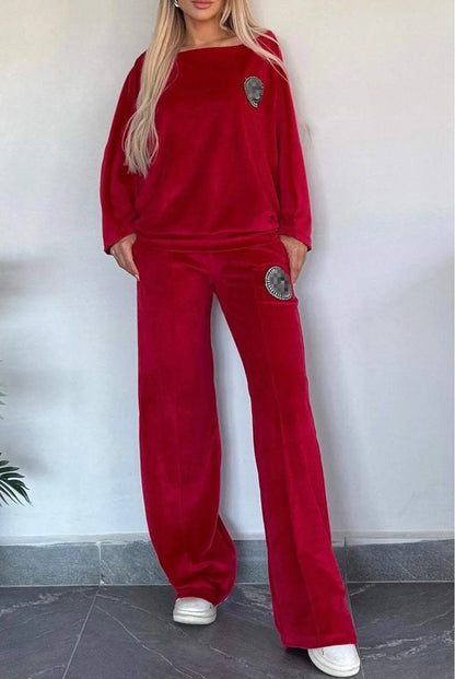 🍒Velvet two piece set solid round neck fashion of shoulder batwing top plus flared trouser casual two-piece outfits for women vibe in velvet