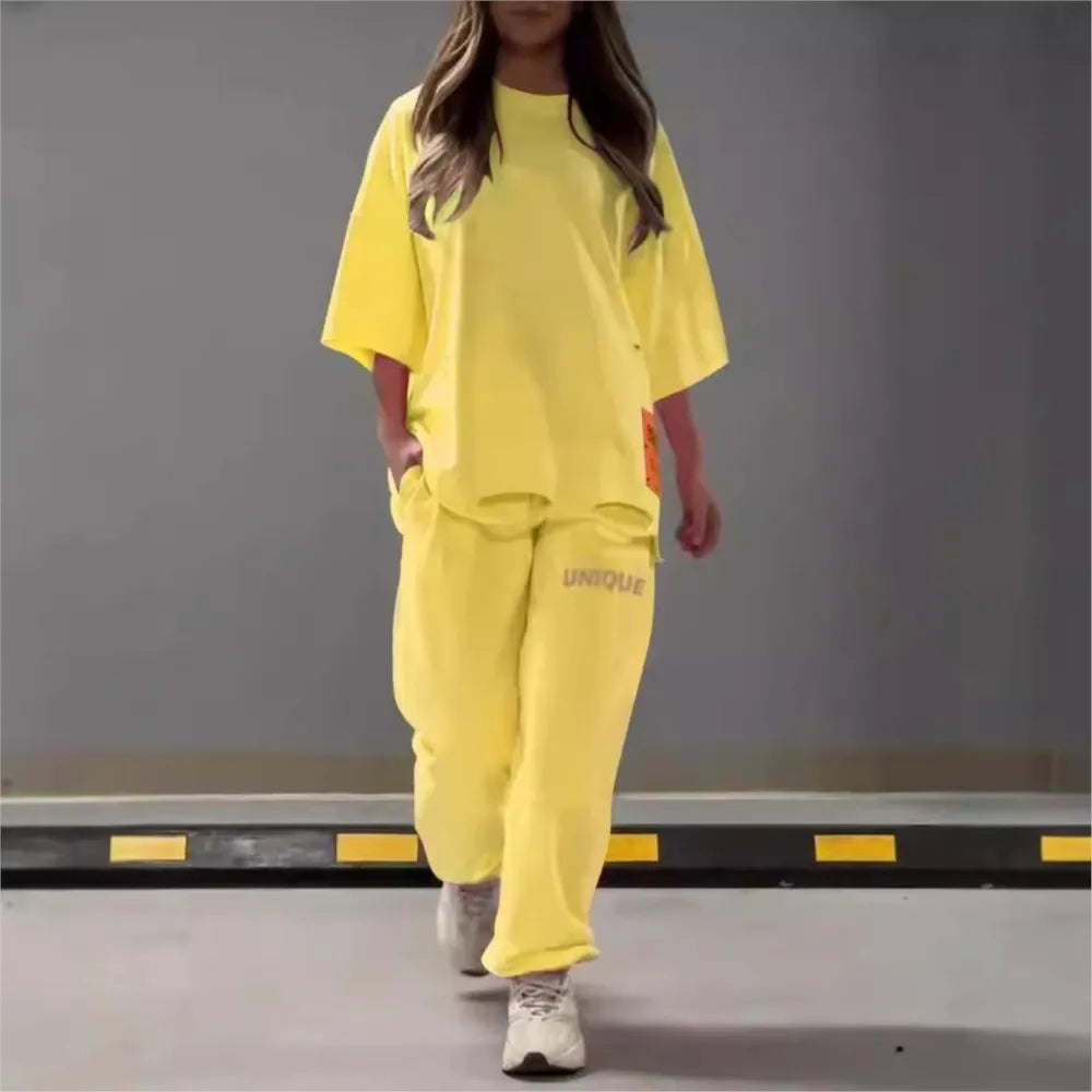 🍒Neon summer clothes fashion hollowed out o neck solid t shirt women's two piece set relaxed casual tracksuit for women with pocket pants Stand Out In Neon