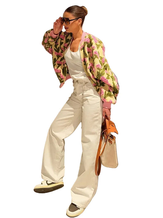 🍒Floral fleece bomber jacket women smart casual elegant stand collar bomber embroidery long sleeve zip up short coat spring outerwear 3D clothing  Fab Fleece Flowery Fashion Fun