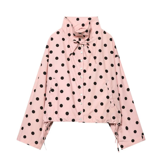 🍒Polka dot fashion pink Jackets spring/summer clothing printed loose cover up jacket top with stand collar chic casual clothing with drawstring detail  Bring Spring Sweet Thing
