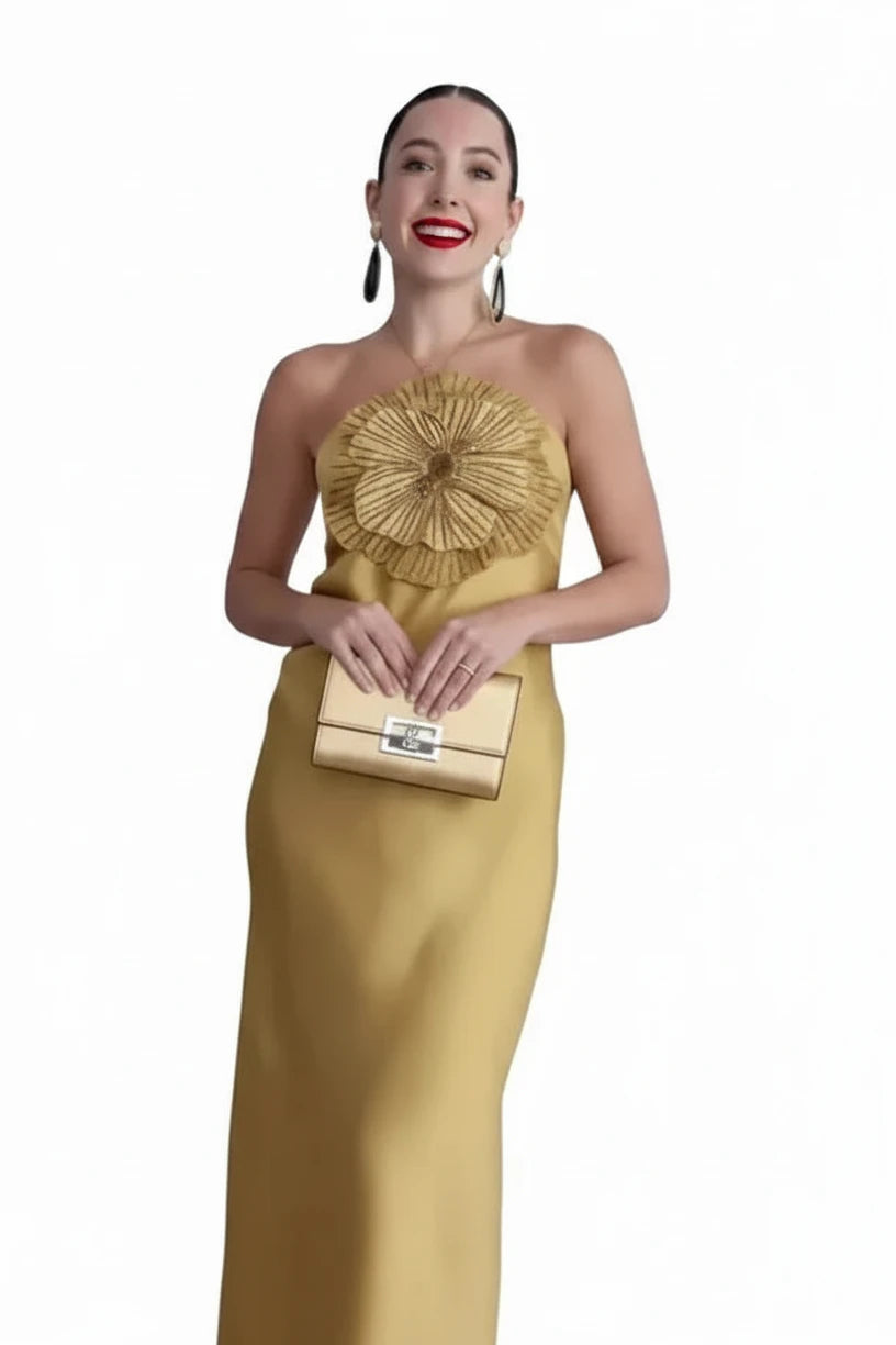 🍒Party dress for women gold outfit for ladies with 3D flower Halter sleeveless backles maxi satin occasion wear evening wear for holiday italian made feminine dresses for summer chic fashion Fem Fleur Fashion