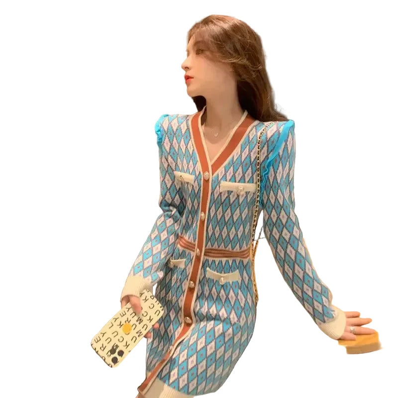 🍒Knitted dress for women v- neck autumn winter fashion french style clothing smart casual female outfit women diamond checkered clothing Playout Plaids