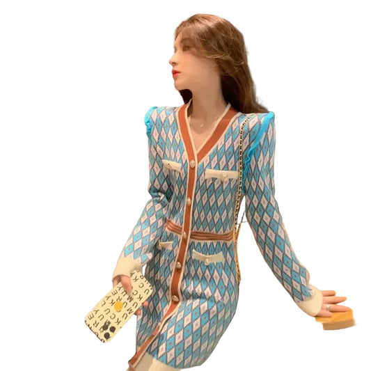 🍒Knitted dress for women v- neck autumn winter fashion french style clothing smart casual female outfit women diamond checkered clothing Playout Plaids