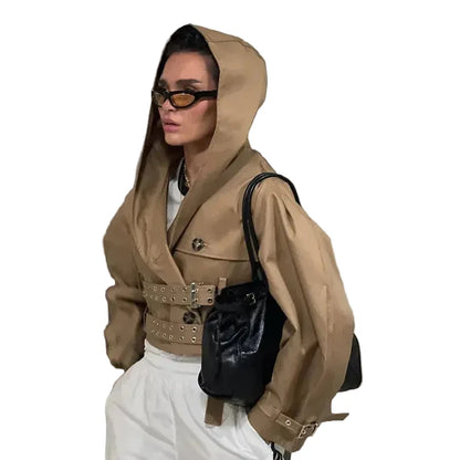 🍒Hooded trench coat women casual puff sleeve outerwear. double breasted belted cropped Jacket khaki fashion clothing                               2.long trench version  Travel Along Cool Double Belt