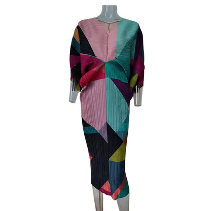🍒Pleated batwing sleeves dress for women's high end fashion and relaxed printed v-neck holiday wear party occasion plisse clothing multi colour outfit Bag A Batwing
