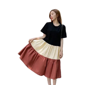 🍒T-shirt dress women colour block outfit loose fit plus size summer fashion stripe clothing stylish medium length over knee a-line fashion wear holiday wear Blocks Of Style