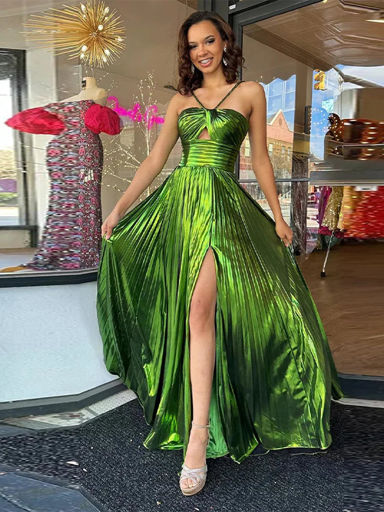 🍒Metallic pleated hollow slit women slip gown backless waist Slim elegant evening dress party wear vintage Liquid Lustre Look