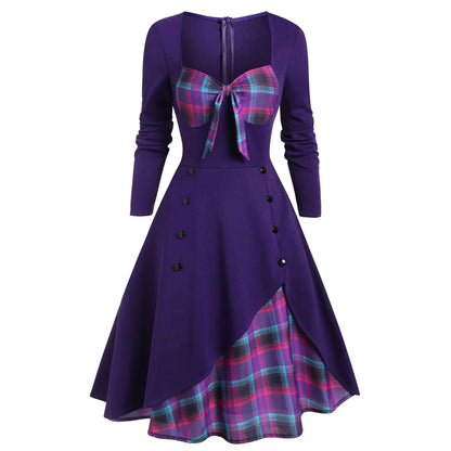 🍒chequered patchwork dress plaid long sleeve a-line midi wrapped Knot Irregular outfit high waist vintage style button down smart casual wear women Check Mate