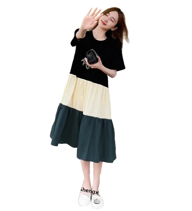 🍒T-shirt dress women colour block outfit loose fit plus size summer fashion stripe clothing stylish medium length over knee a-line fashion wear holiday wear Blocks Of Style