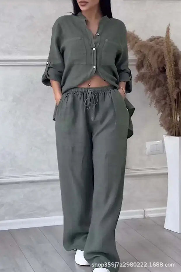 🍒two piece sets casual long sleeve womens shirt with pockets and fashion loose wide leg pants outfit smart casual clothes         Ba-sick