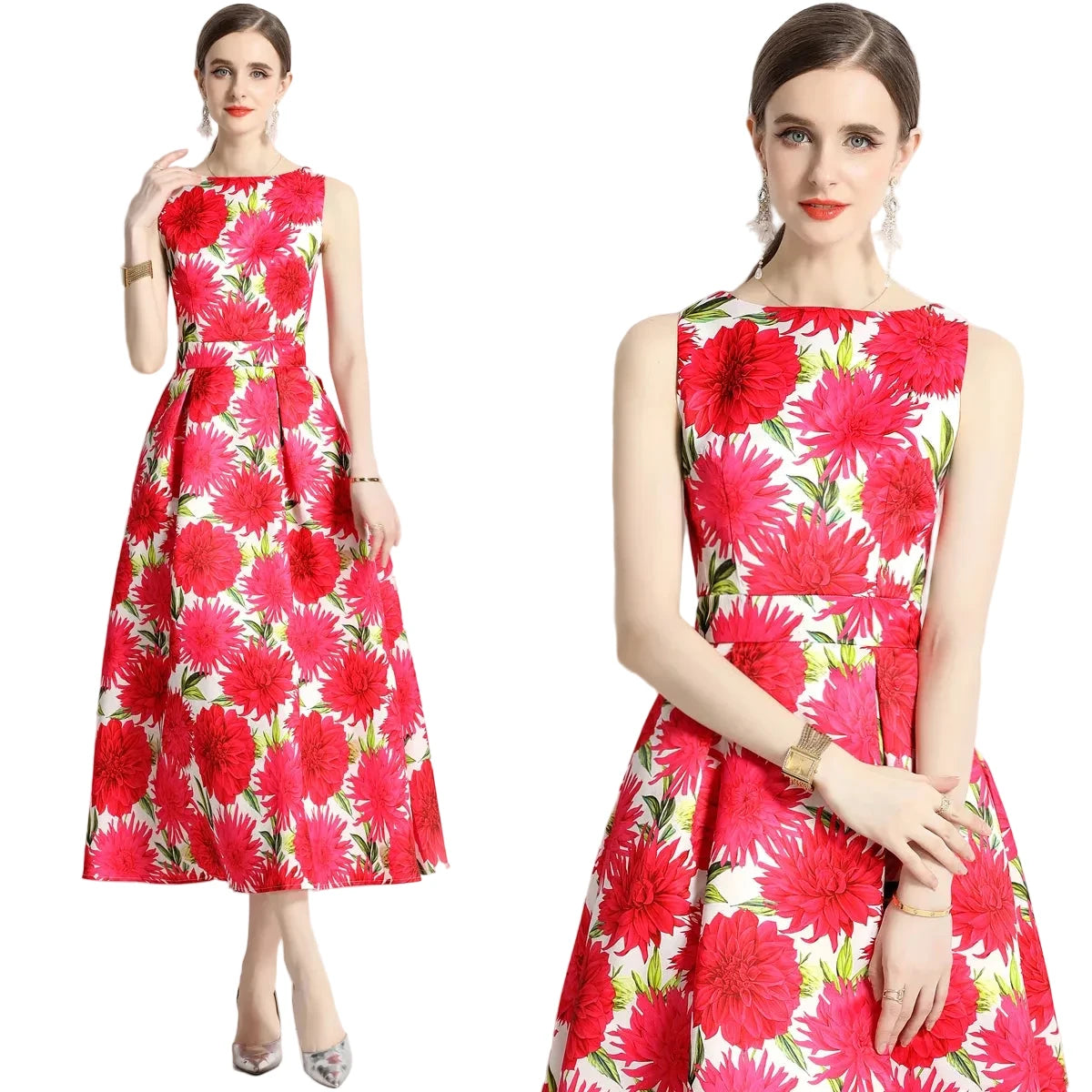 🍒Designer fashion dress floral print clothing vintage a line party wear outfit for women birthday dinner retro runway occasion wear  make ARRANGEMENTs for these FLOWERs