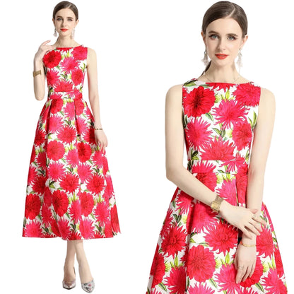 🍒Designer fashion dress floral print clothing vintage a line party wear outfit for women birthday dinner retro runway occasion wear  make ARRANGEMENTs for these FLOWERs