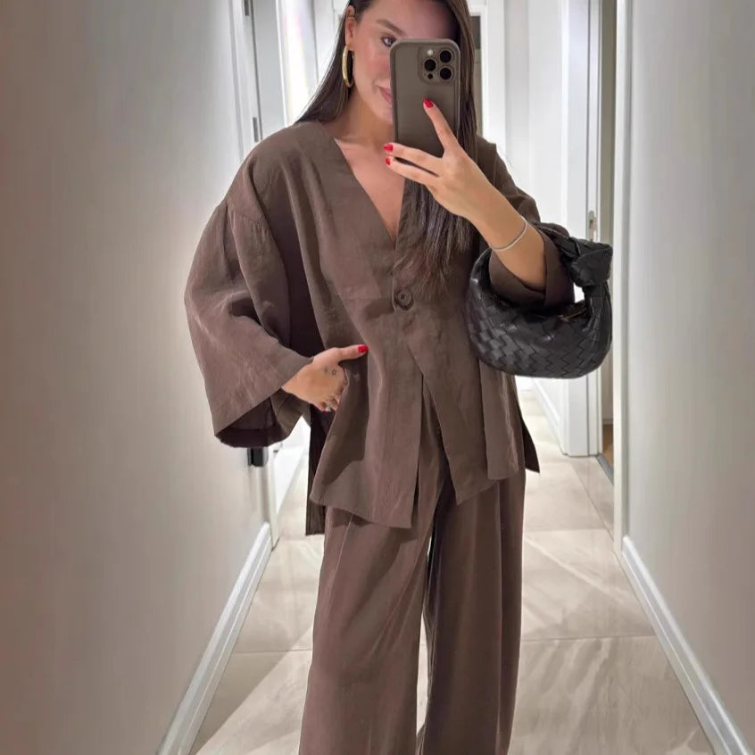 🍒Informele broekpak vir vroue, elegante langmou-uitrusting, enkelkleur wyebeenbroek en baadjie-stel, lente somer mode los tweestuk-partytjie-pajamas