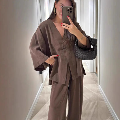 🍒Informele broekpak vir vroue, elegante langmou-uitrusting, enkelkleur wyebeenbroek en baadjie-stel, lente somer mode los tweestuk-partytjie-pajamas