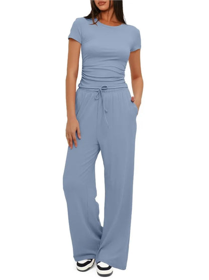 🍒Womens two-piece outfit set fashion pleated short sleeved top casual wear clothing  and matching comfort long high waisted wide leg pants sportswear Sport your style in Slimline