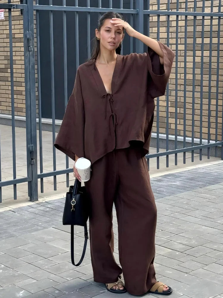 🍒Summer fashion outfits chic brown cotton linen lace up shirt suits casual v- neck long sleeves loose pants set lady Dont Get Browned Off With Uncomfy Clothes Get Some Chocholate And Relax