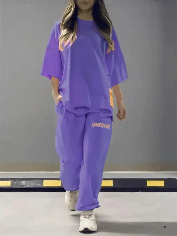 🍒Neon summer clothes fashion hollowed out o neck solid t shirt women's two piece set relaxed casual tracksuit for women with pocket pants Stand Out In Neon