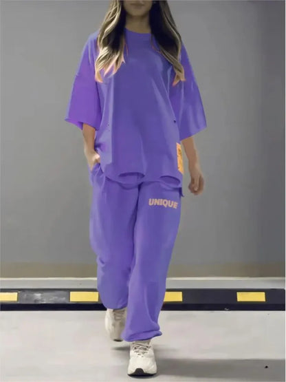 🍒Neon summer clothes fashion hollowed out o neck solid t shirt women's two piece set relaxed casual tracksuit for women with pocket pants Stand Out In Neon