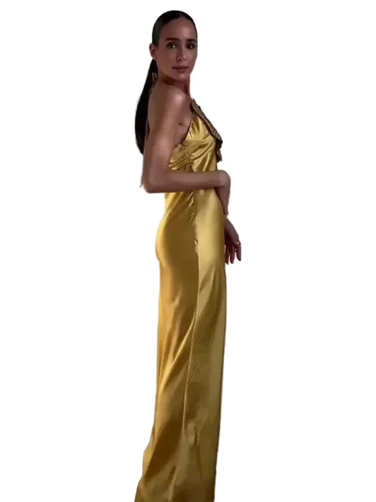 🍒Party dress for women gold outfit for ladies with 3D flower Halter sleeveless backles maxi satin occasion wear evening wear for holiday italian made feminine dresses for summer chic fashion Fem Fleur Fashion