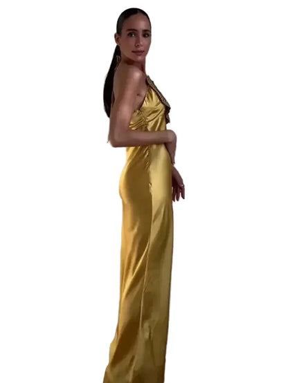🍒Party dress for women gold outfit for ladies with 3D flower Halter sleeveless backles maxi satin occasion wear evening wear for holiday italian made feminine dresses for summer chic fashion Fem Fleur Fashion