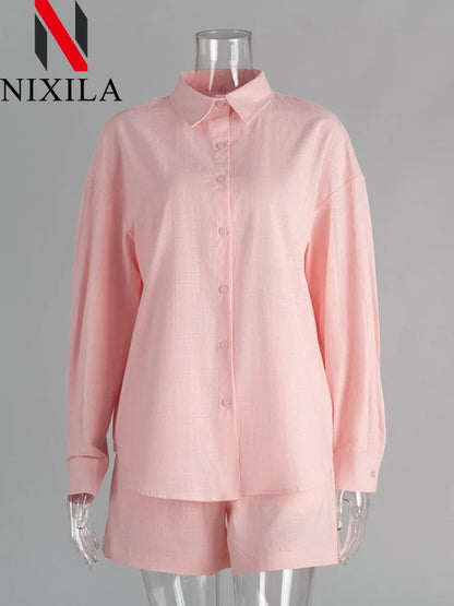 🍒Cotton summer shorts set  100 percent cotton clothes two-piece beach outfit with long sleeve shirt plus oversize shorts womens  casual outfits Sweet Shorty Shirty